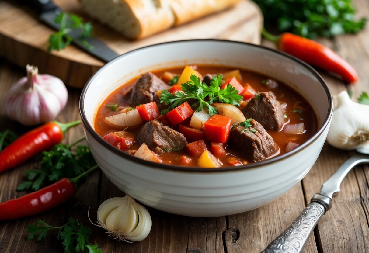 A bowl of steaming Hungarian goulash on a wooden table surrounded by fresh vegetables and herbs, with bread and a cutting board in the background.