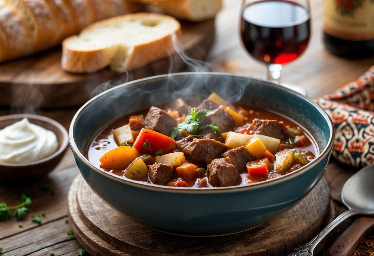 A bowl of Hungarian goulash with bread, sour cream, and red wine on a wooden table.