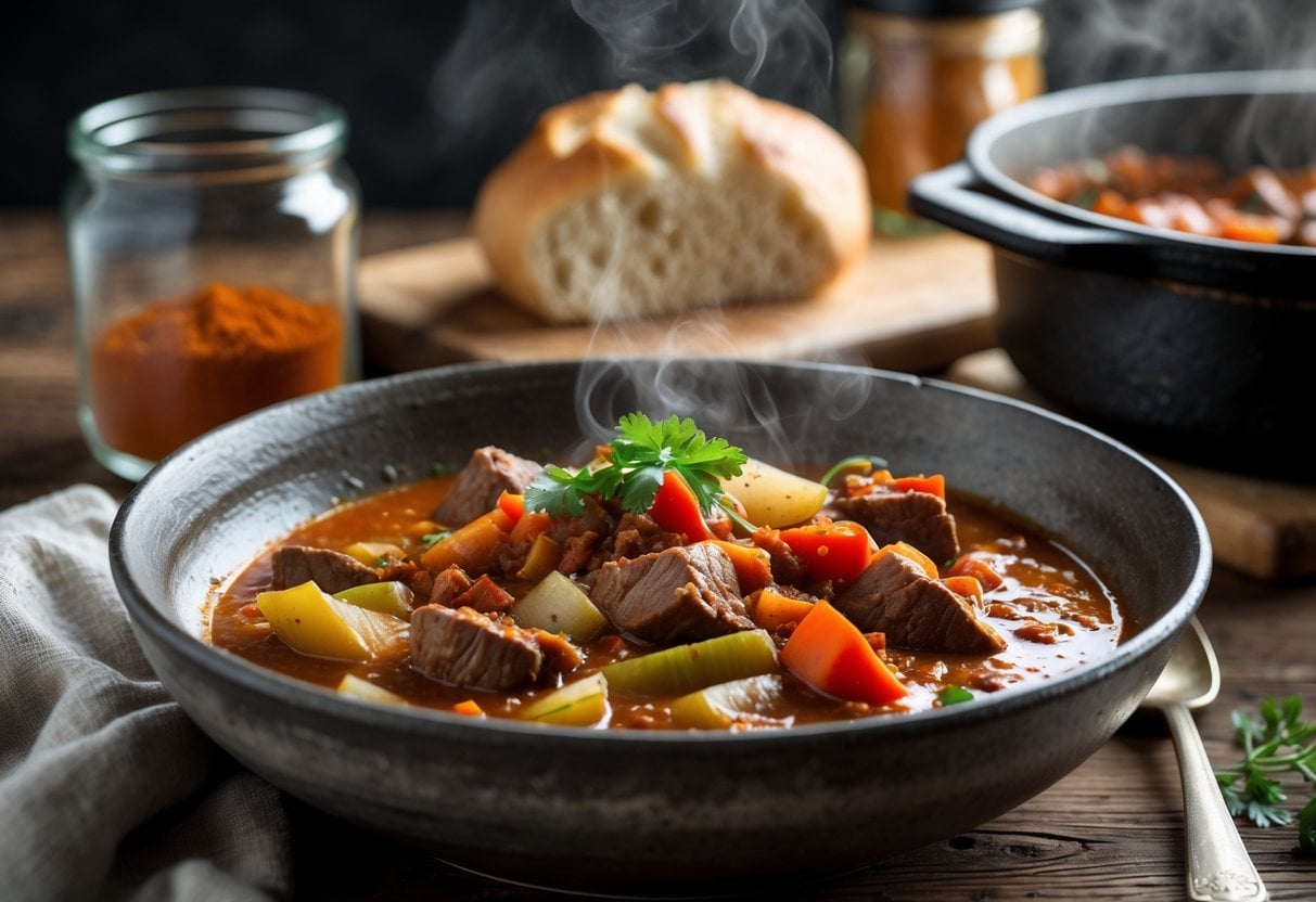 A steaming bowl of Hungarian goulash with beef and vegetables on a wooden table, surrounded by kitchen items like paprika spice and bread.