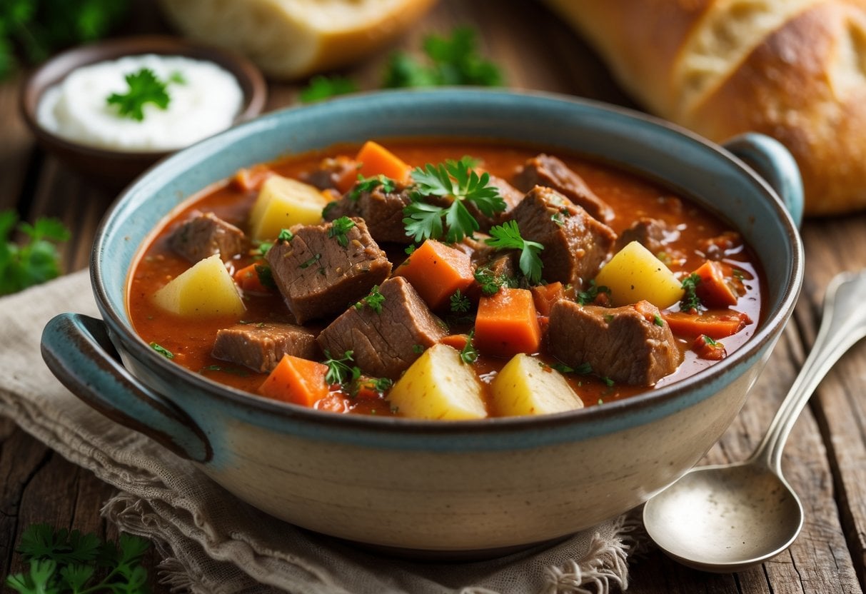 A bowl of Hungarian goulash stew on a wooden table with bread and sour cream nearby.