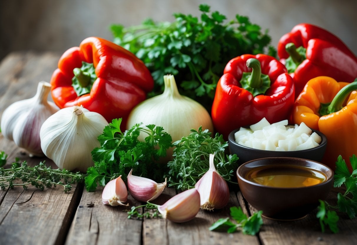 Fresh ingredients including red bell peppers, garlic, chopped onions, herbs, and olive oil arranged on a wooden table.
