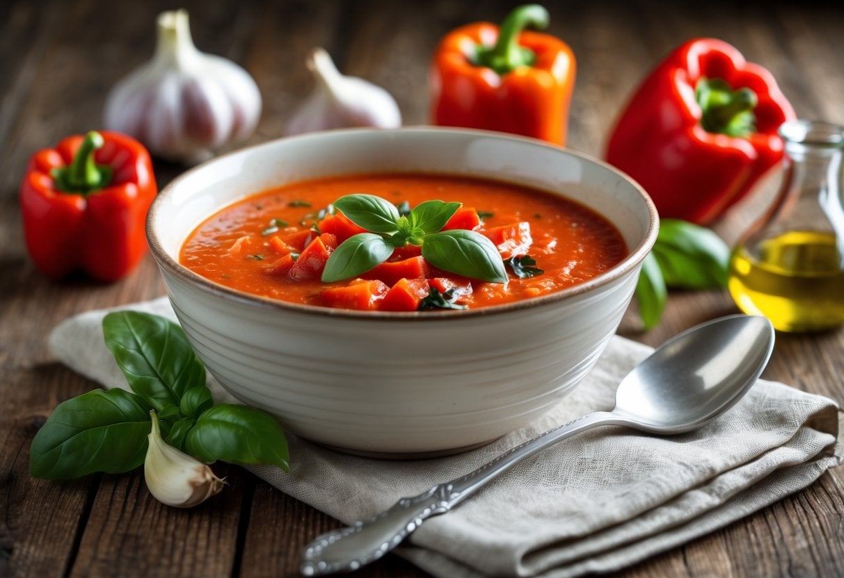 A bowl of roasted red pepper soup on a wooden table surrounded by fresh roasted peppers, garlic, basil, and olive oil.
