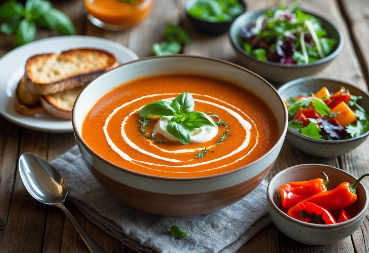 A bowl of roasted red pepper soup garnished with cream and basil, served with toasted bread and a mixed green salad on a wooden table.