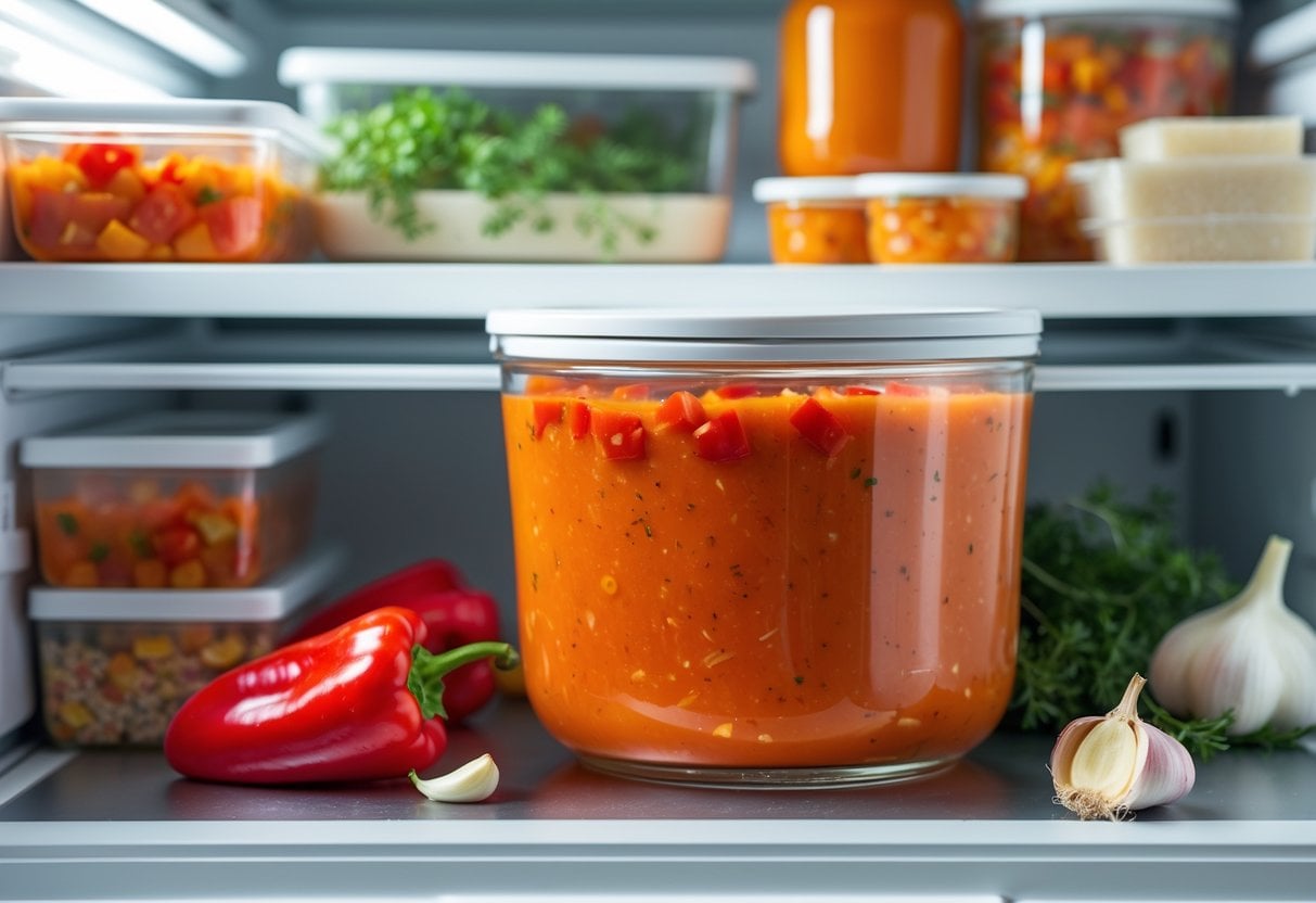 A glass container of roasted red pepper soup stored inside a freezer with fresh ingredients nearby.