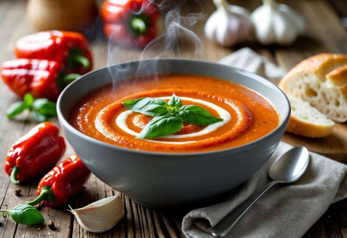 A bowl of roasted red pepper soup garnished with cream and basil on a wooden table with roasted peppers and bread nearby.