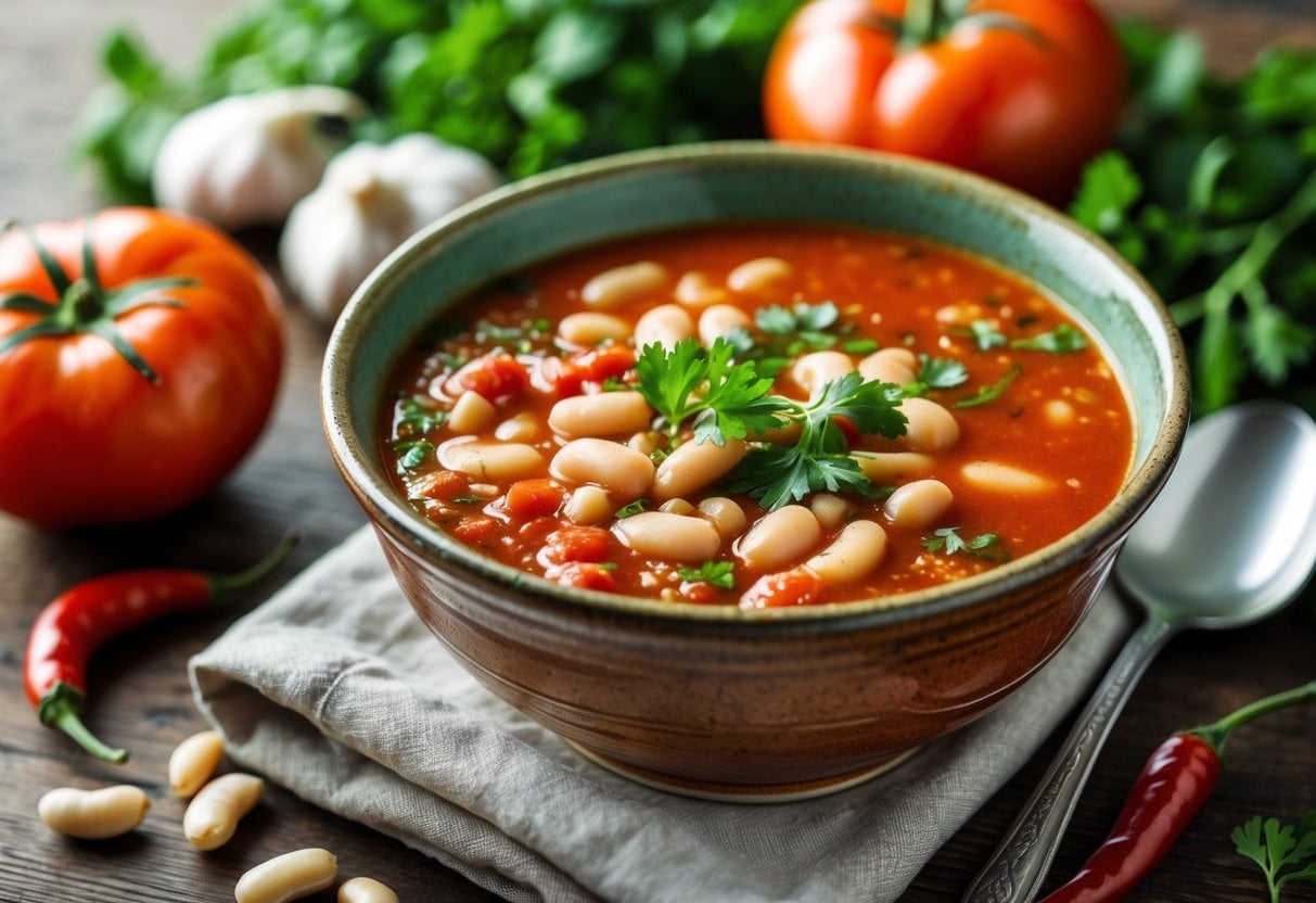 A bowl of spicy tomato and white bean soup garnished with fresh herbs on a wooden table with fresh ingredients around it.