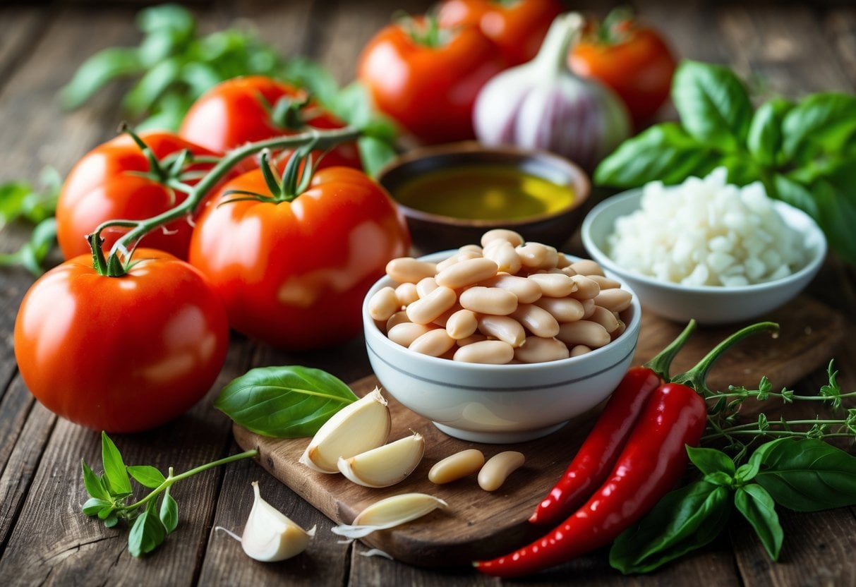 Fresh ingredients including tomatoes, white beans, garlic, onions, chili peppers, basil, and herbs arranged on a wooden table.