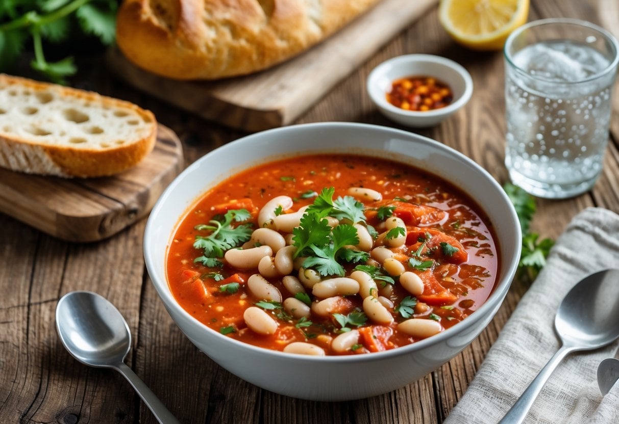 A bowl of spicy tomato and white bean soup garnished with herbs, served with bread and a glass of water on a wooden table.