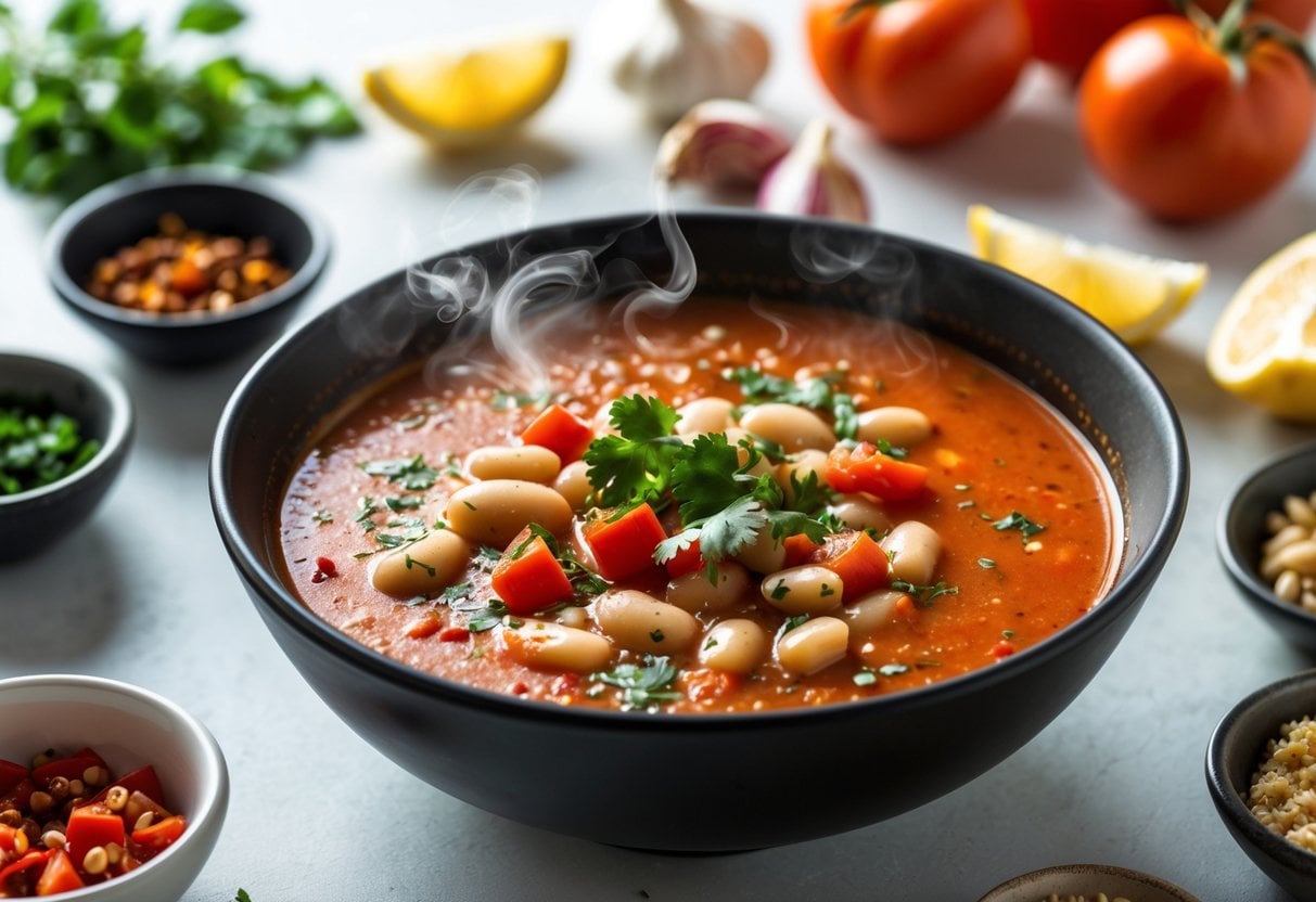 A bowl of spicy tomato and white bean soup garnished with herbs, surrounded by small dishes of chili peppers, lemon wedges, gluten-free croutons, and plant-based cream on a kitchen table.