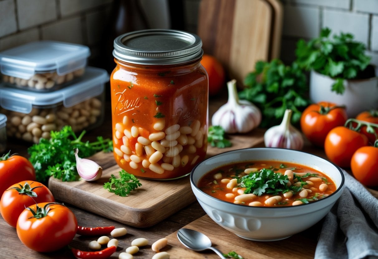 A jar of spicy tomato and white bean soup on a wooden countertop next to a bowl of soup and fresh ingredients like tomatoes, beans, garlic, and chili peppers.