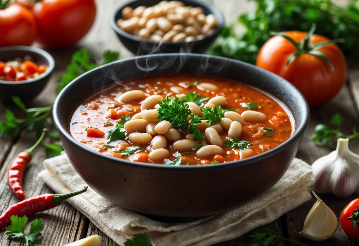 A steaming bowl of spicy tomato and white bean soup garnished with fresh herbs on a wooden table surrounded by fresh tomatoes, white beans, and chili peppers.