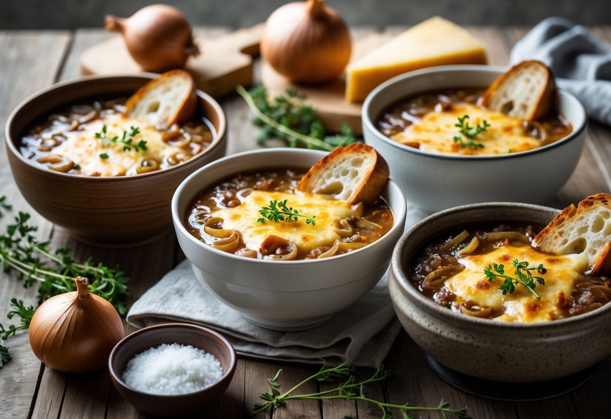 Three bowls of French onion soup with melted cheese and toasted bread on a wooden table surrounded by onions, cheese, and herbs.