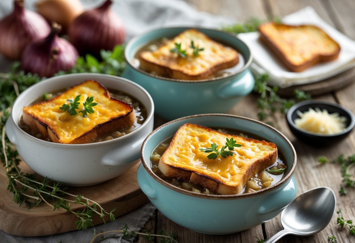 Three bowls of French onion soup topped with melted cheesy toast on a wooden table with fresh ingredients around them.