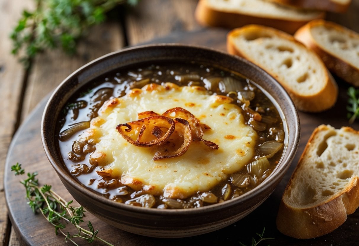 A bowl of French onion soup topped with melted cheese and a slice of toasted baguette on a wooden table.