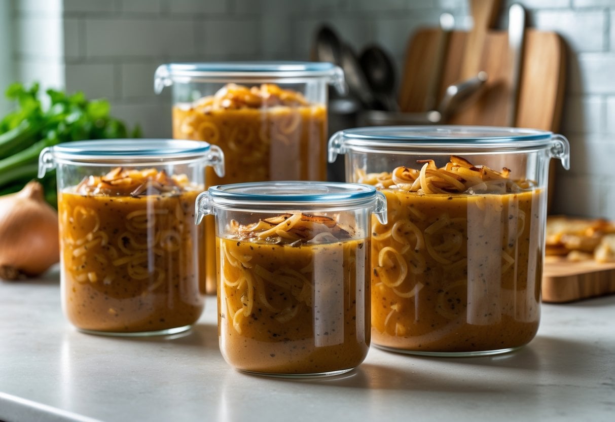 Three glass containers filled with French onion soup sealed and arranged on a kitchen countertop with onions and utensils in the background.