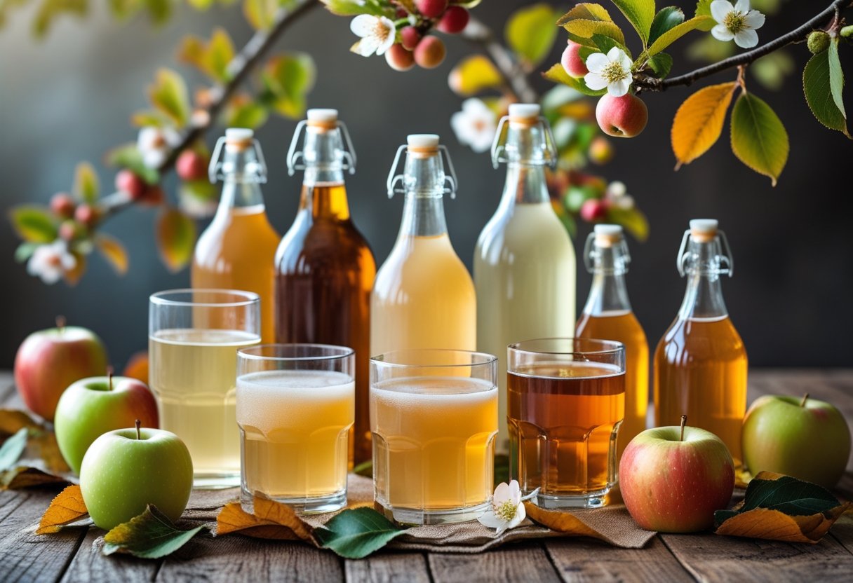 Various glasses and bottles of non-alcoholic apple cider with fresh apples and leaves on a wooden table.