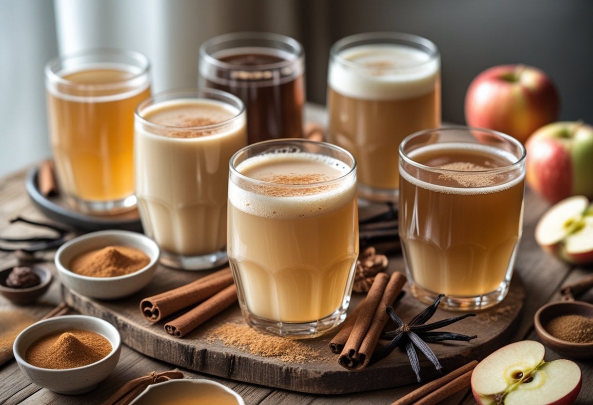 Glasses of creamy and dessert-style ciders with spices and apple slices arranged on a wooden table.