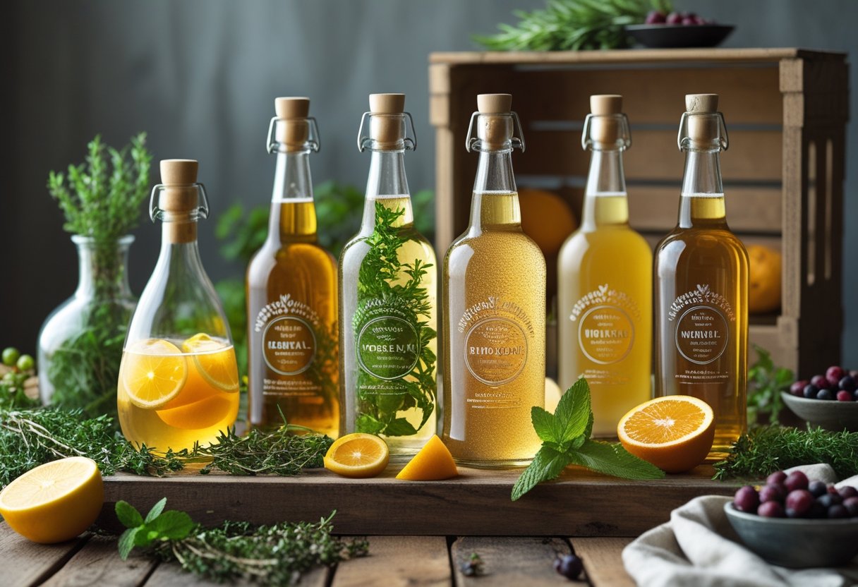 A wooden table with several glasses and bottles of herbal ciders surrounded by fresh herbs and citrus slices.