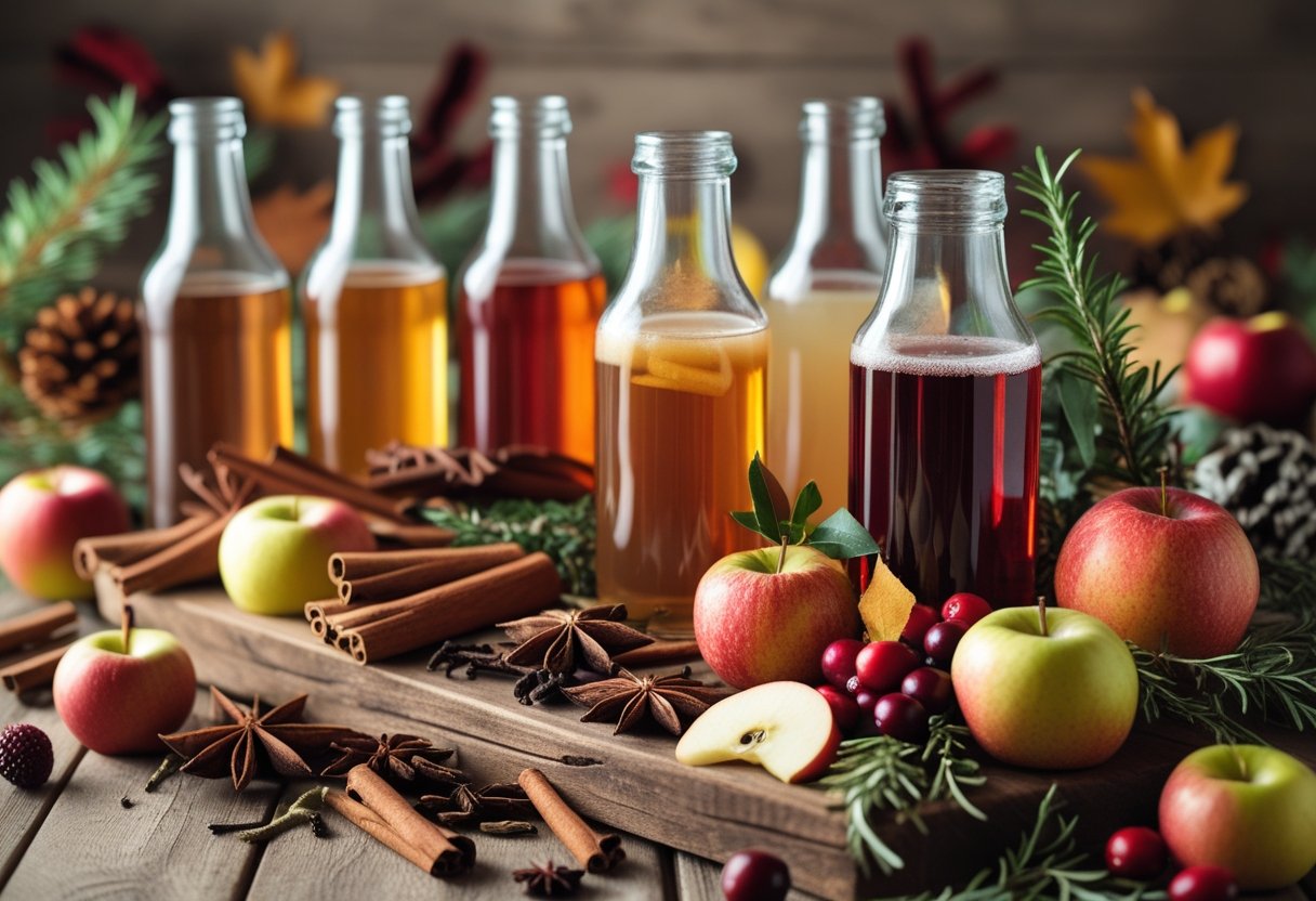 A wooden table displaying various glasses and bottles of cider surrounded by fresh apples, spices, and seasonal garnishes.