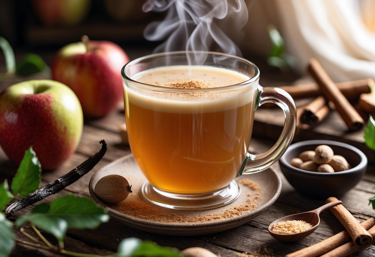 A glass mug of hot apple cider with nutmeg and a vanilla bean on a wooden table surrounded by apples and cinnamon sticks.