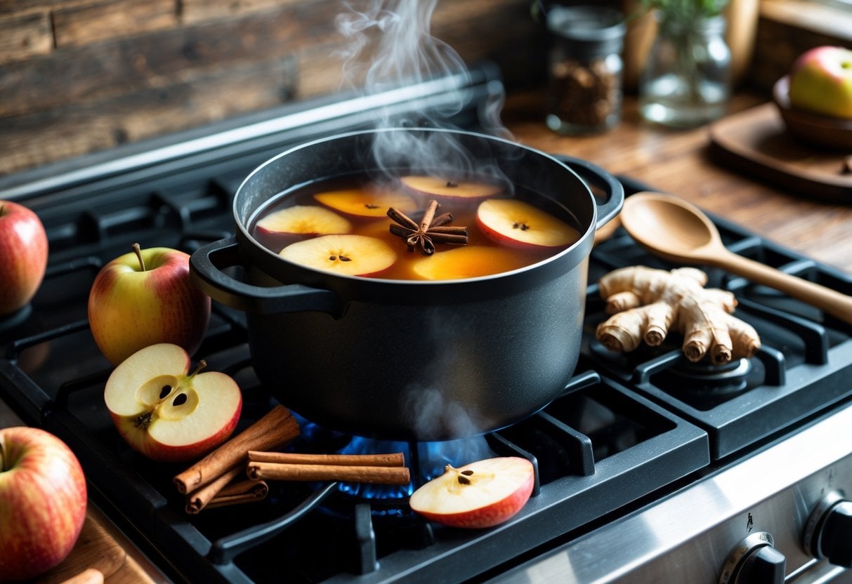 A pot of apple and ginger cider simmering on a stove surrounded by fresh apples, ginger, and cinnamon sticks in a cozy kitchen.
