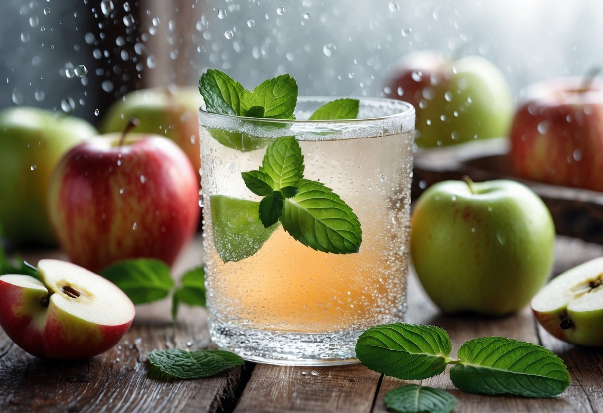 A cold apple cider mocktail with sparkling water and fresh mint on a wooden table surrounded by fresh apples.