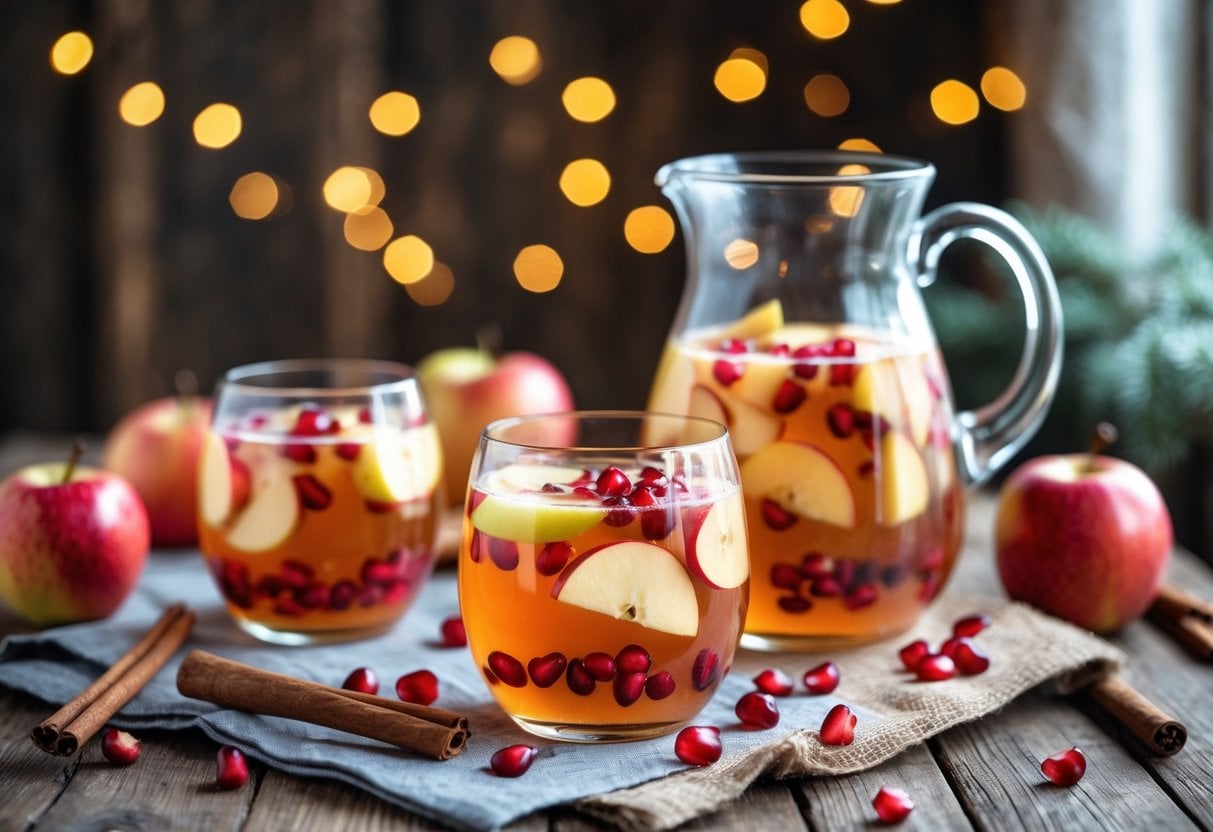 A pitcher and glasses of non-alcoholic apple cider sangria with apple chunks and pomegranate seeds on a wooden table surrounded by apples and cinnamon sticks.
