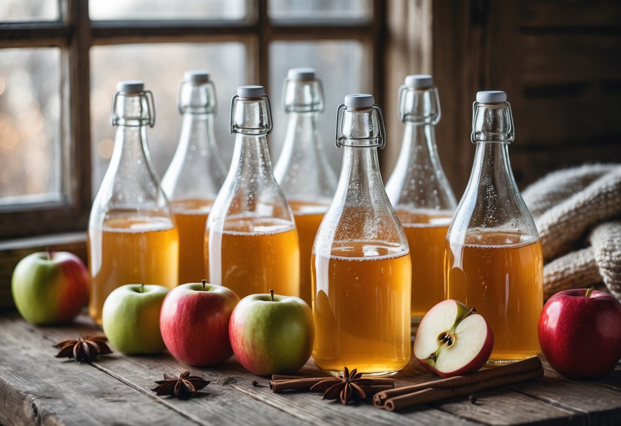 Six glass bottles of fresh apple cider on a wooden table surrounded by whole and sliced apples, cinnamon sticks, and winter-themed decor.