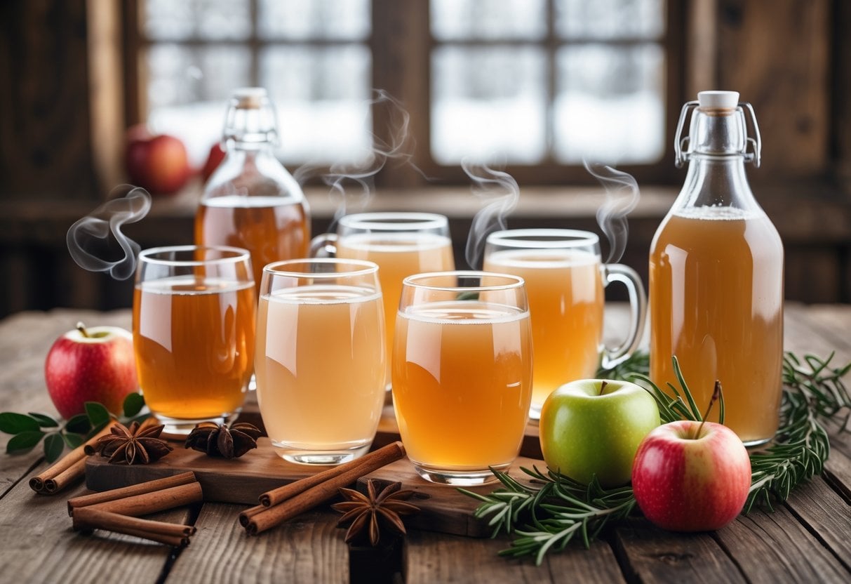 Six glasses and bottles of fresh non-alcoholic apple cider on a wooden table with apples, cinnamon sticks, and rosemary, set by a window showing a snowy winter scene.