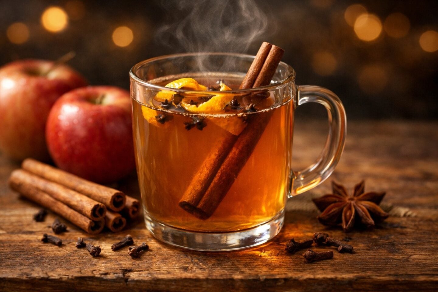A steaming glass of mulled apple cider garnished with cinnamon, cloves, and orange zest on a wooden surface surrounded by apples and spices.