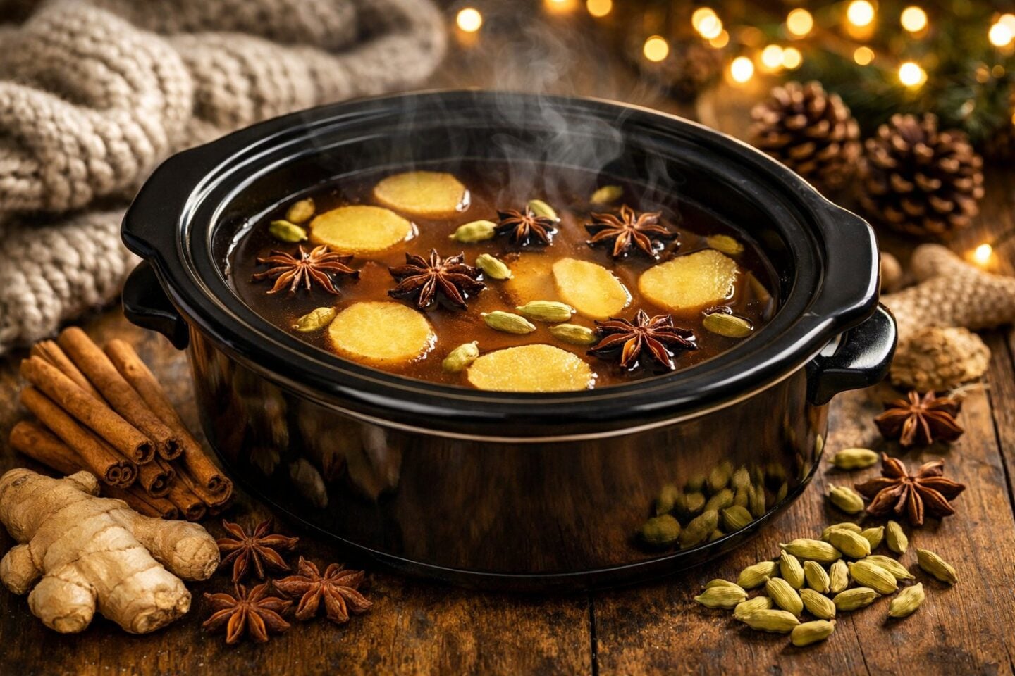 A slow cooker filled with steaming mulled cider with ginger, cardamom, and star anise on a wooden table surrounded by spices and winter decorations.