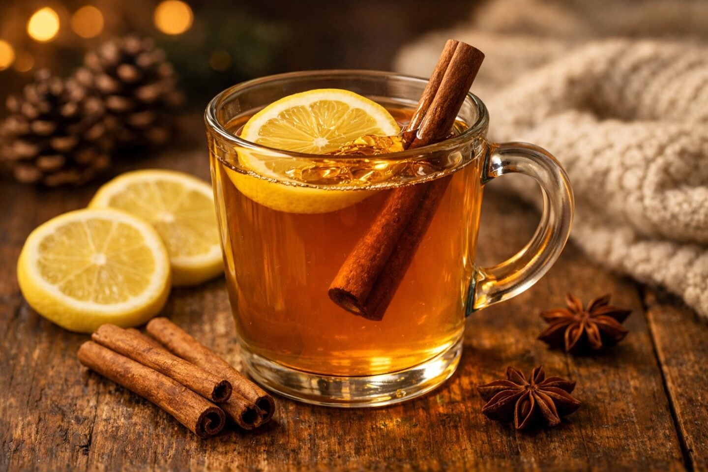 A glass mug of warm mulled cider hot toddy garnished with lemon and cinnamon on a wooden table with spices and lemon slices around it.