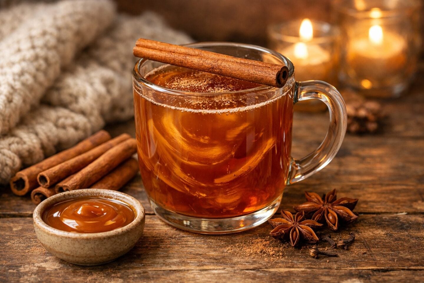 A glass mug of spiced caramel cider with a cinnamon stick on a wooden table surrounded by cinnamon sticks and caramel syrup.