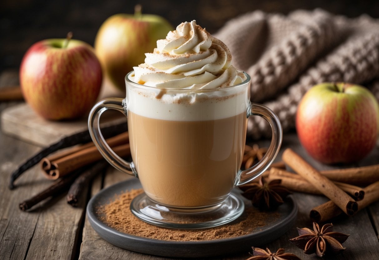 A glass mug filled with a creamy spiced vanilla bean apple cider latte topped with whipped cream and cinnamon, surrounded by apples, cinnamon sticks, and vanilla beans on a wooden table.