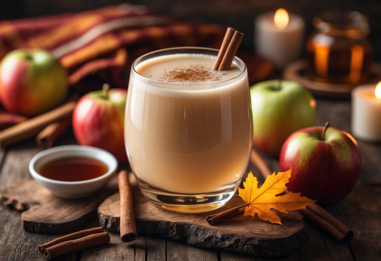 A glass of creamy apple cider with a cinnamon stick on a wooden table surrounded by apples, cinnamon sticks, and maple syrup.