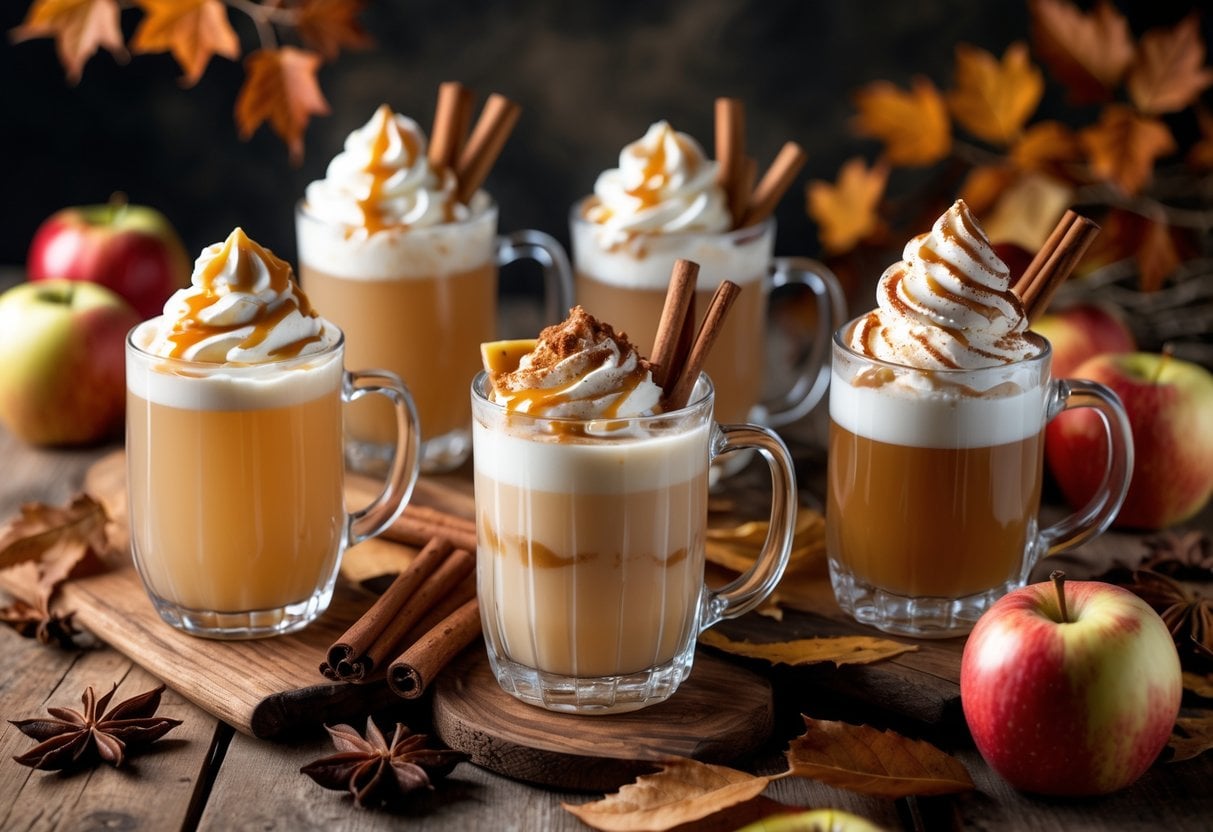 Five glasses and mugs of creamy apple cider with toppings on a wooden table surrounded by apples, cinnamon sticks, and fall leaves.