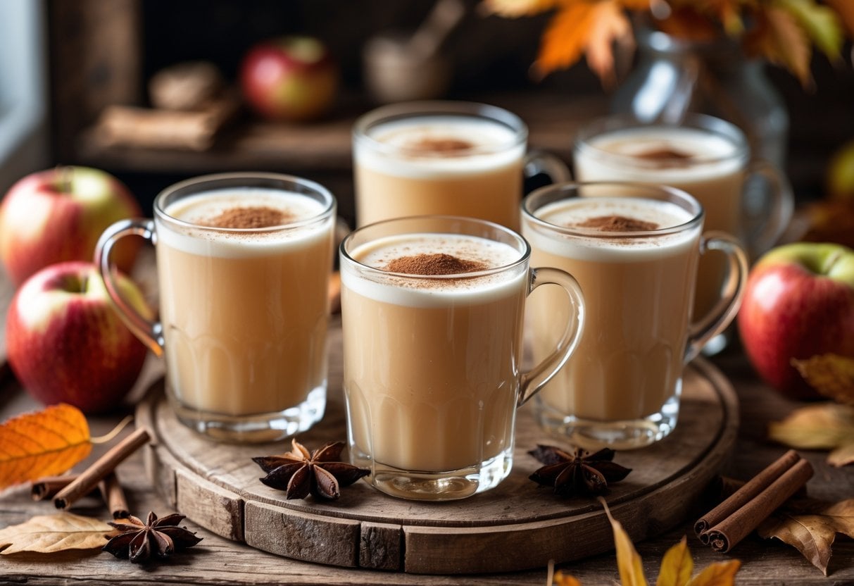 Five glasses of creamy apple cider on a wooden table surrounded by apples, cinnamon sticks, and autumn leaves.