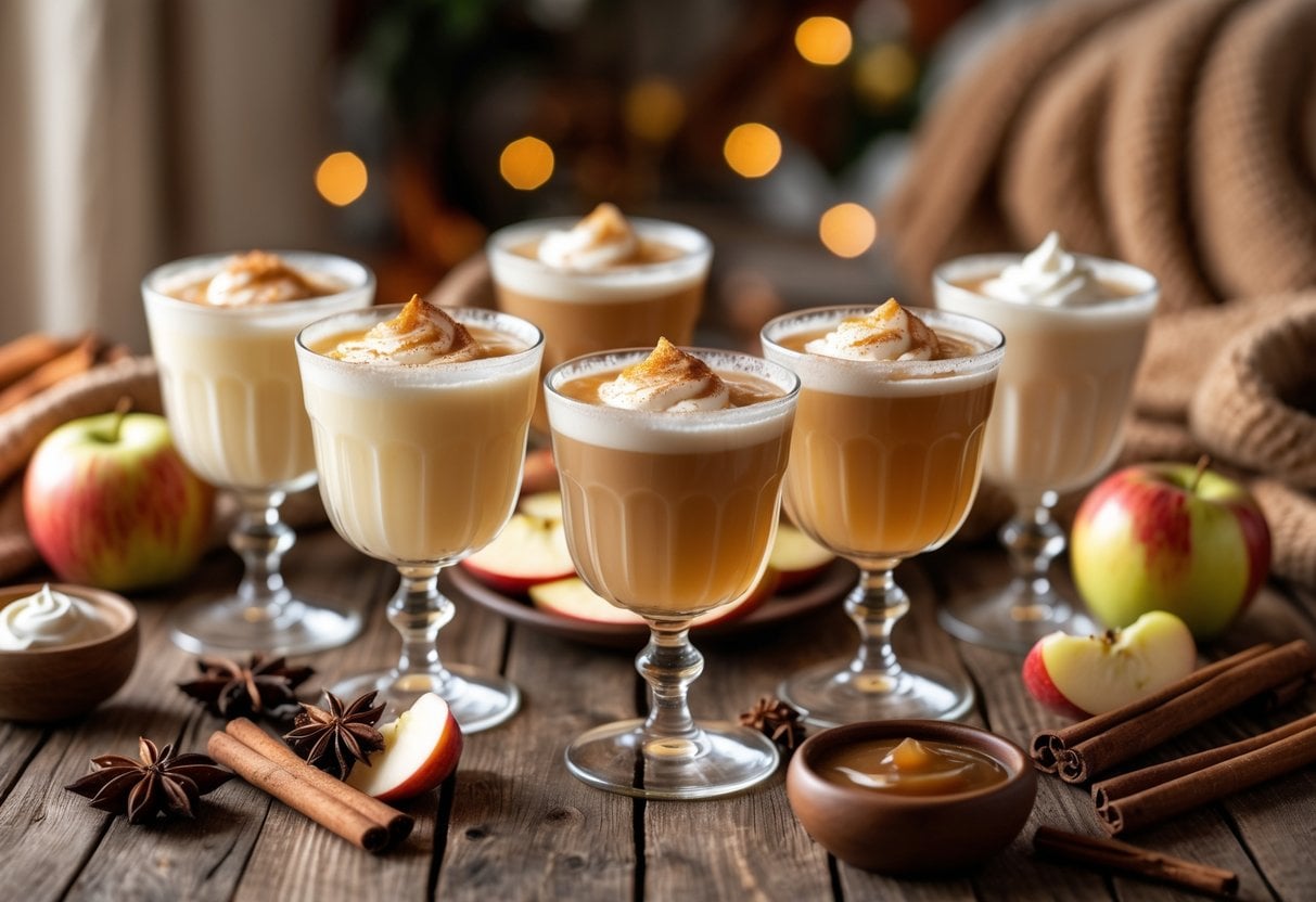 Five glasses of creamy apple cider on a wooden table with cinnamon sticks, apple slices, and cozy autumn decorations in the background.