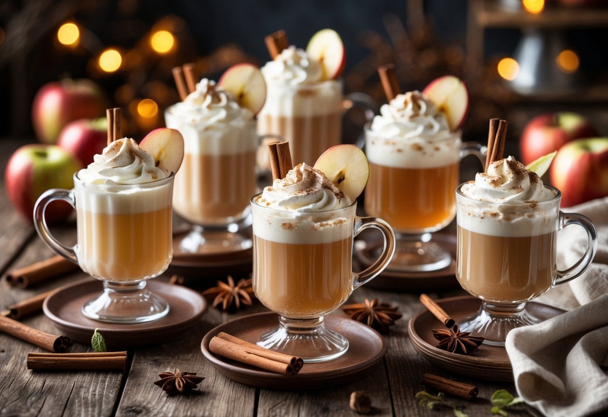 Five creamy apple ciders in glass mugs with whipped cream and cinnamon sticks on a wooden table surrounded by apples and spices.