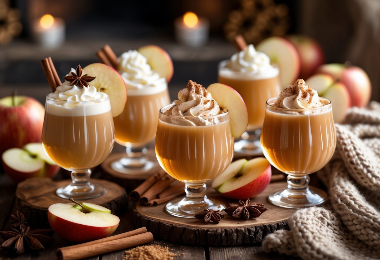 Five glasses of creamy apple cider on a wooden table with autumn decorations and warm lighting.