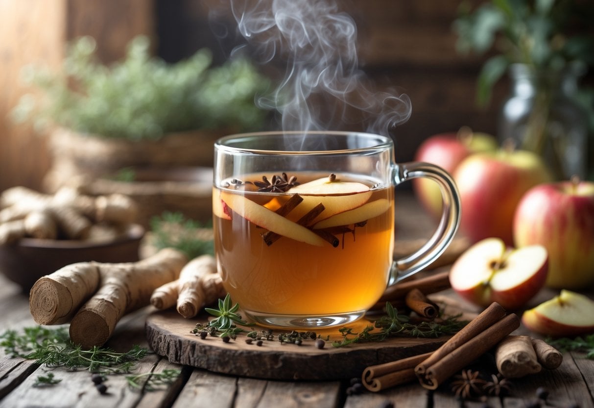 A glass mug of steaming licorice root and ginger apple cider on a wooden table surrounded by fresh licorice roots, ginger slices, cinnamon sticks, and apples.
