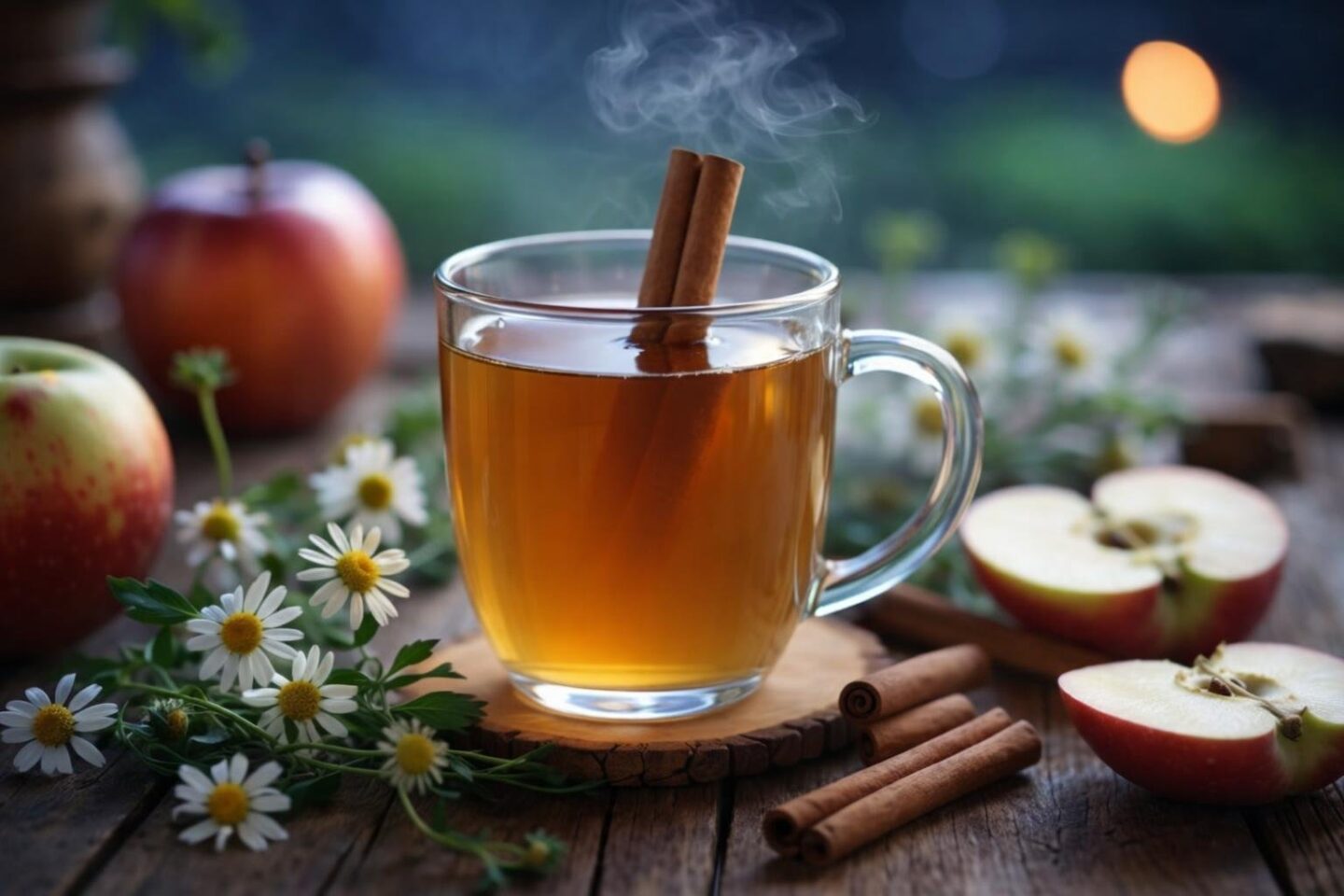A glass mug of chamomile and apple cider with cinnamon sticks, chamomile flowers, and apples on a wooden table in a cozy evening setting.