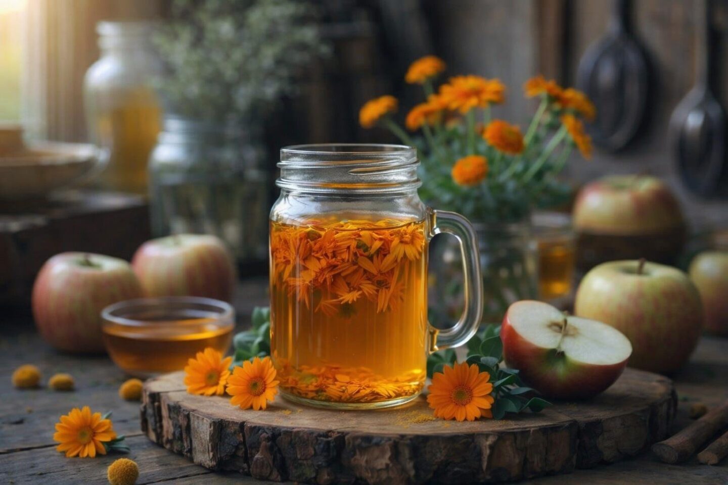 A jar of apple cider infused with calendula petals on a wooden table surrounded by fresh calendula flowers, apples, and honey in a cozy kitchen setting.