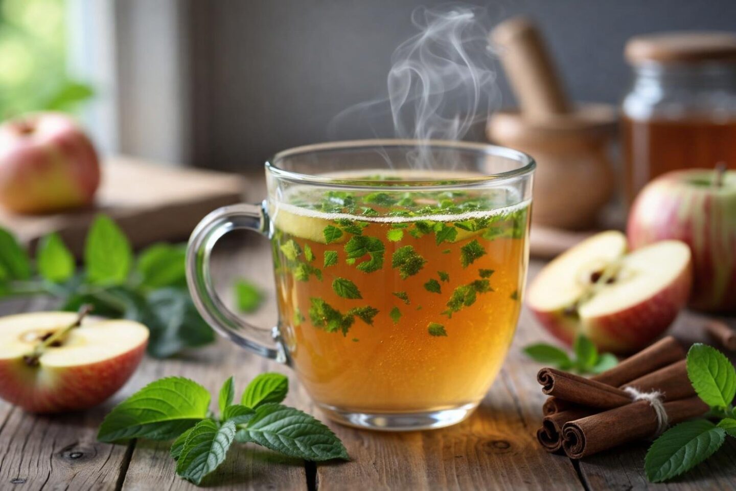 A glass mug of warm apple cider with lemon balm leaves on a wooden table surrounded by apples, cinnamon sticks, and fresh herbs.