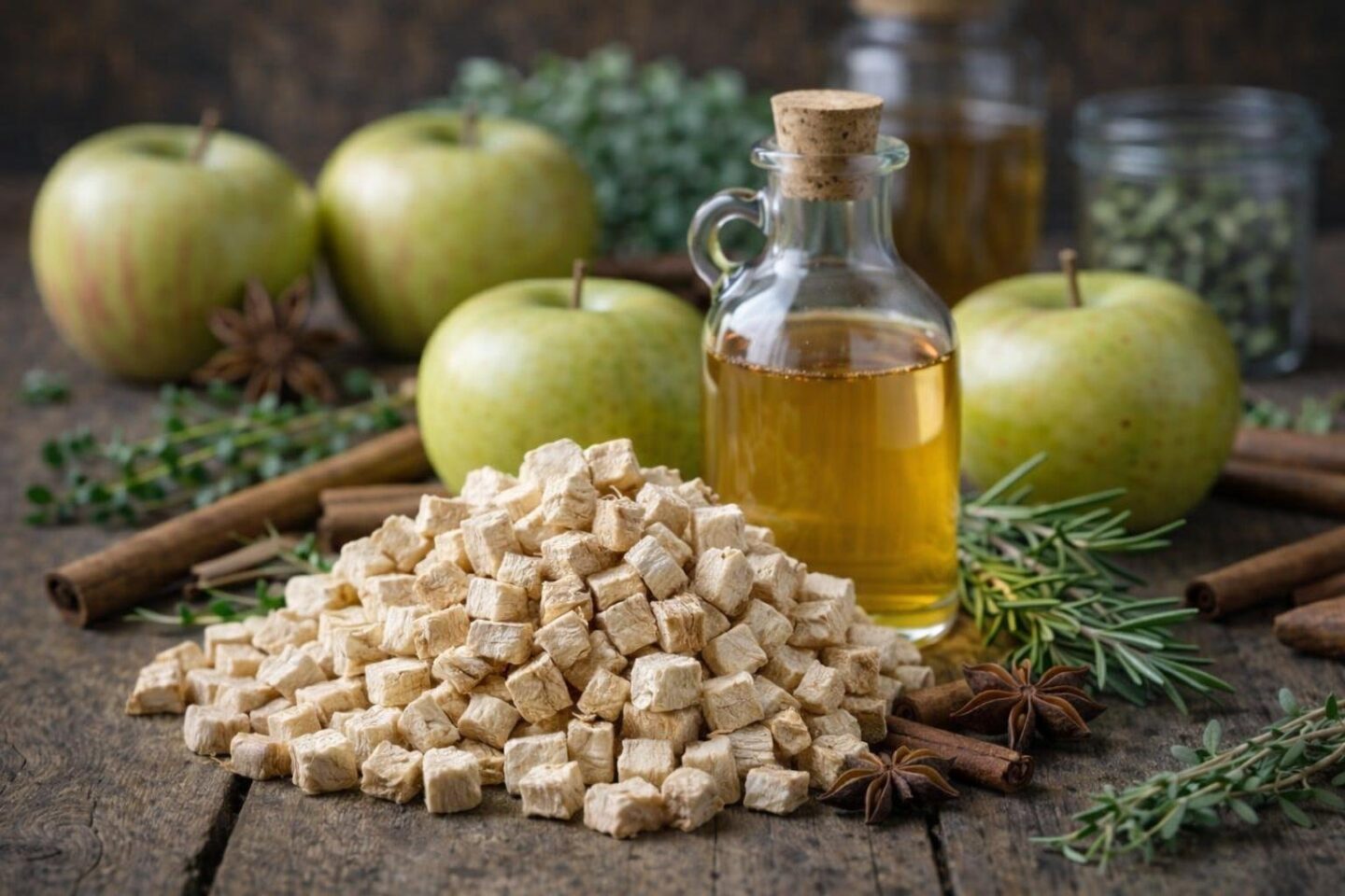 A wooden table with marshmallow root pieces, a glass bottle of apple cider vinegar, green apples, cinnamon sticks, star anise, and fresh herbs arranged together.