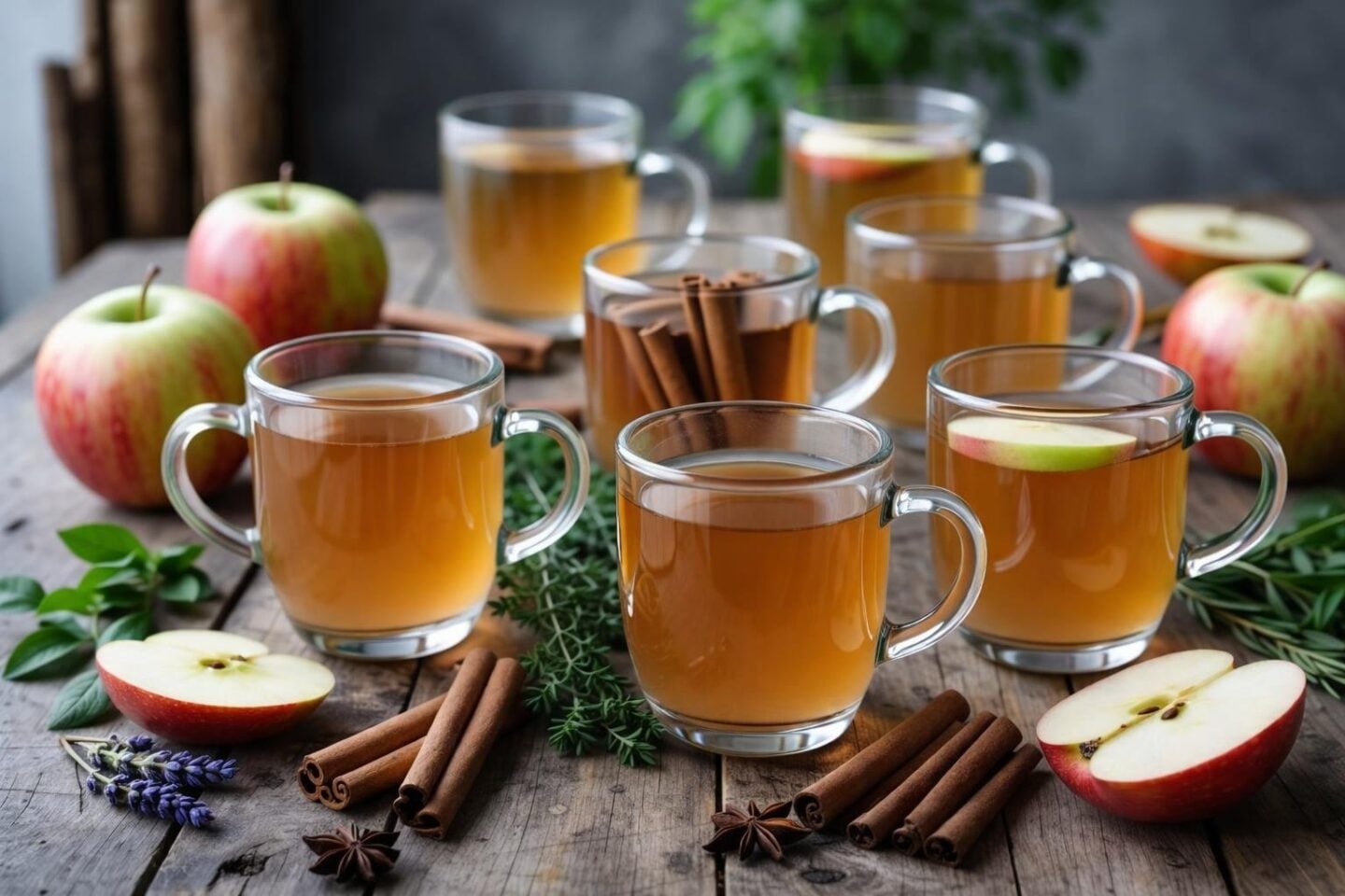 Six glass mugs of warm apple cider infused with different fresh herbs and spices arranged on a wooden table with apples and herb sprigs.