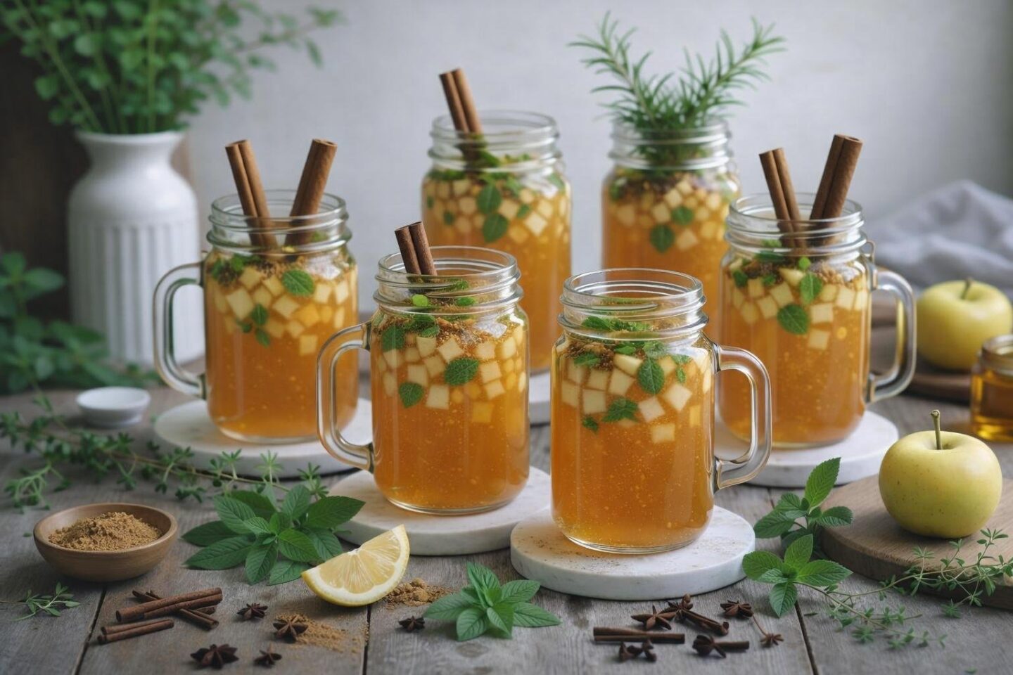 Six glass jars and mugs filled with different herbal apple cider drinks on a wooden table surrounded by fresh herbs and spices.