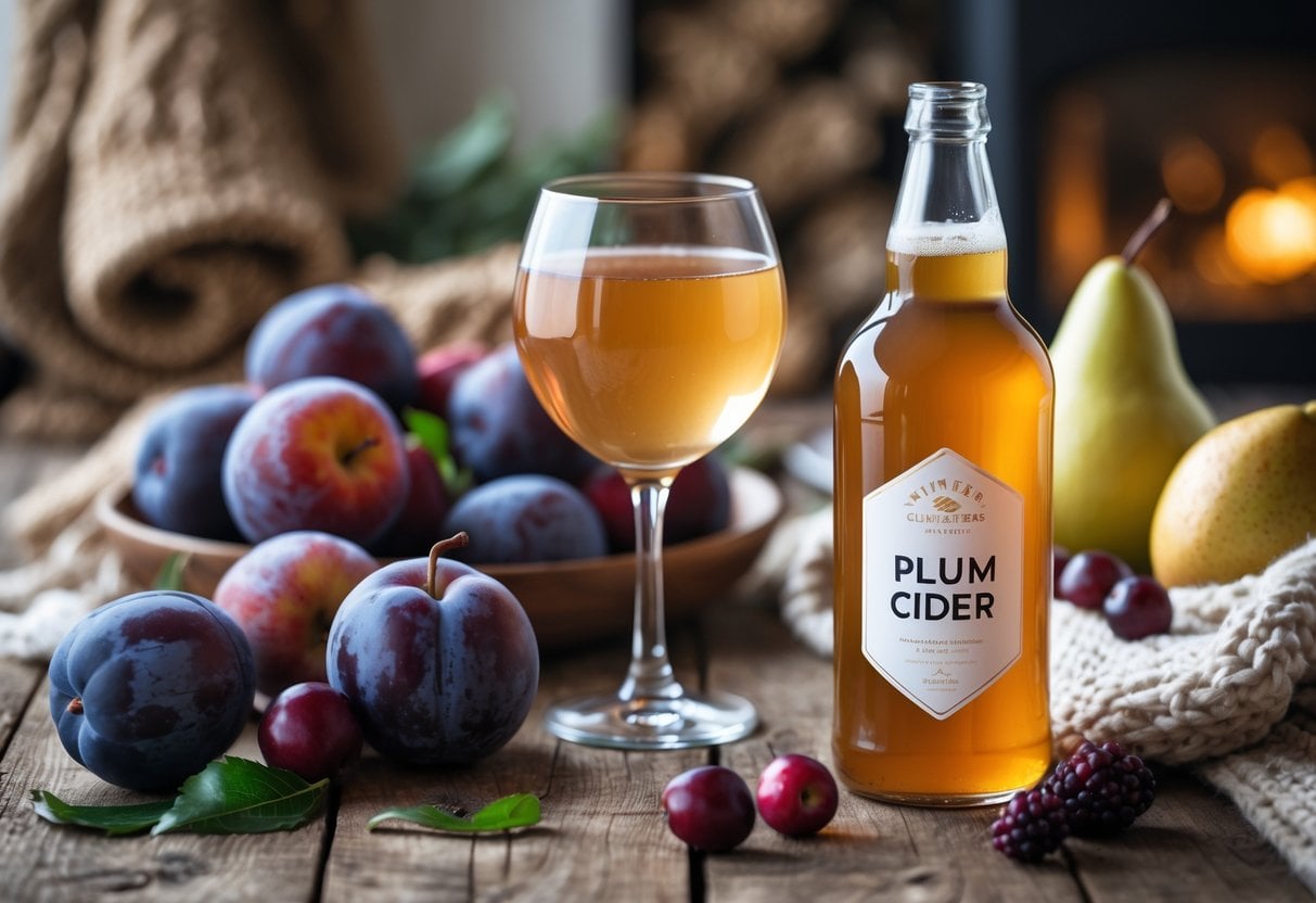 A glass and bottle of plum cider surrounded by fresh plums and other winter fruits on a wooden table.