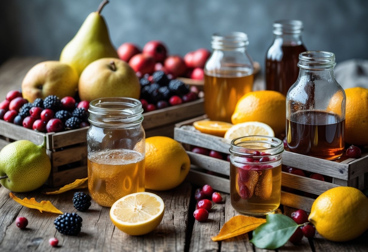 A wooden table with assorted winter fruits like pears, cranberries, blackberries, pomegranates, and citrus fruits arranged around glass bottles of cider blends.