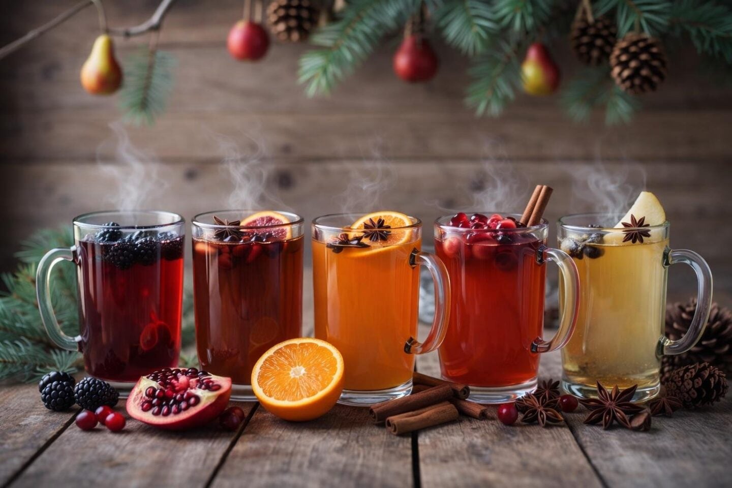 Six glass bottles of winter cider surrounded by fresh pears, cranberries, pomegranates, quinces, blackberries, and oranges on a wooden table with pinecones and cinnamon sticks nearby.